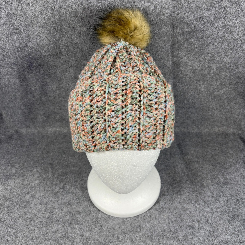 Unbranded Women Knit Pom Pom Beanie Hat One Size Multicolor Marled Faux Fur Trim
